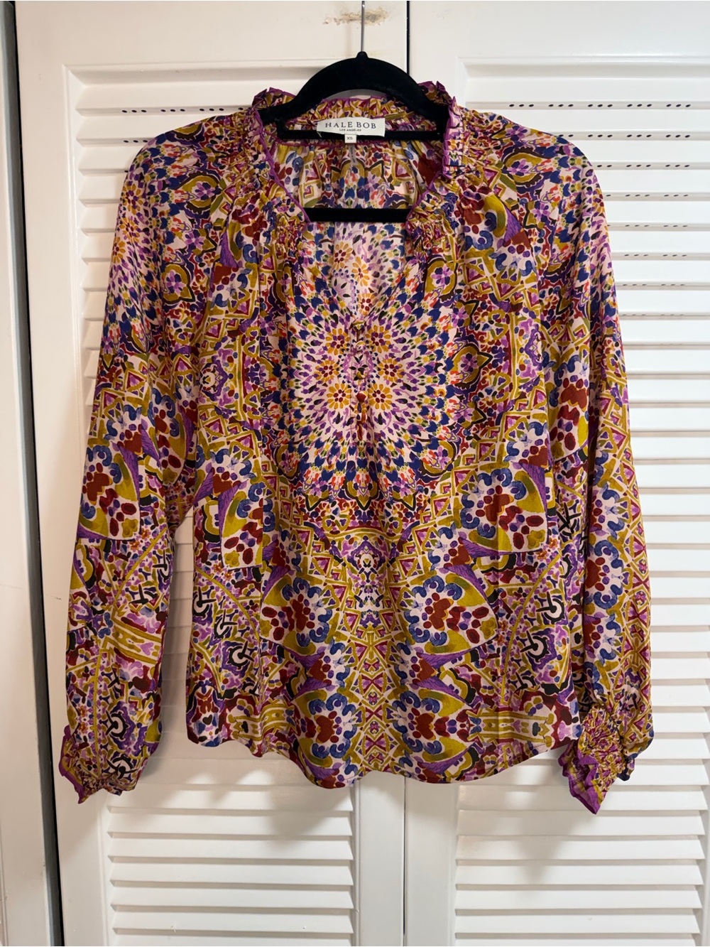 Hale Bob Ruffle-Neck Silk Blouse in Purple, Red & Mustard Print Design